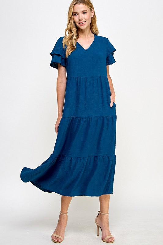 Solid V-Neck Layered Sleeve Tiered Midi Dress