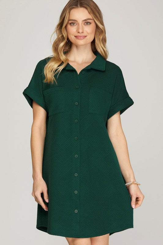 Textured Button Down Double Pocket Dress