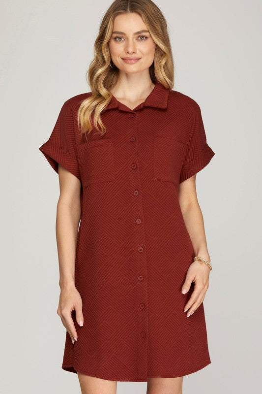 Textured Button Down Double Pocket Dress