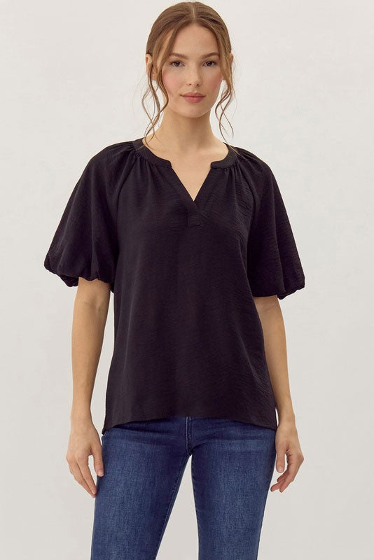 Solid V-Neck Balloon Short Sleeve Top