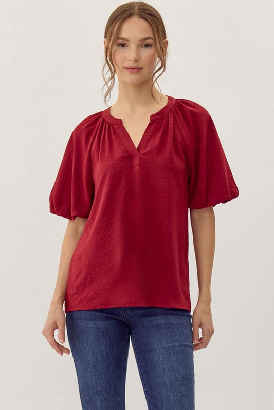 Solid V-Neck Balloon Short Sleeve Top