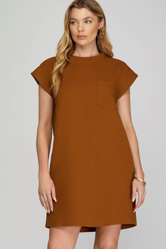 Textured Cap Sleeve Dress With Pocket