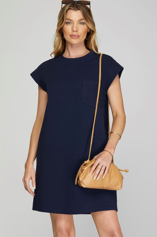 Textured Cap Sleeve Dress With Pocket