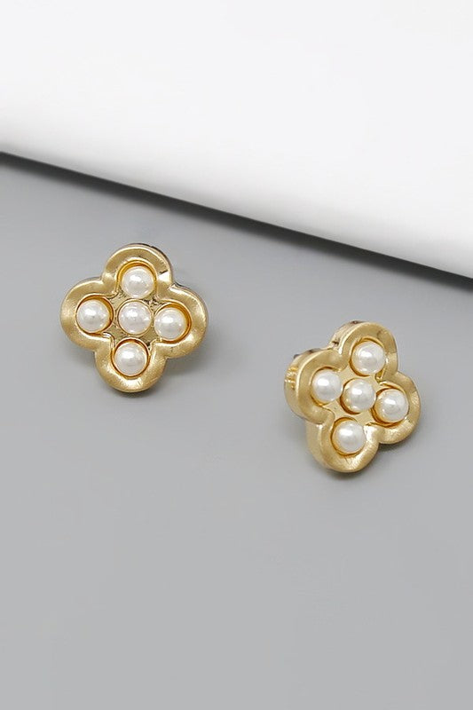 Pearl Embellished Clover Stud Earring-Gold