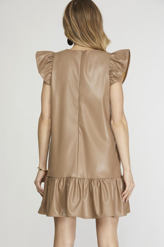 Faux Leather Ruffle Sleeve Dress - Mocha