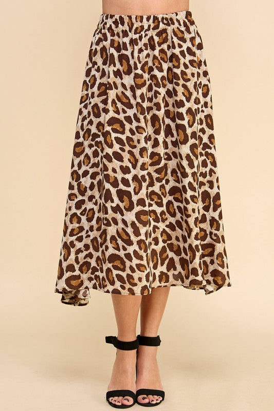 Animal Print Midi Skirt - Brown