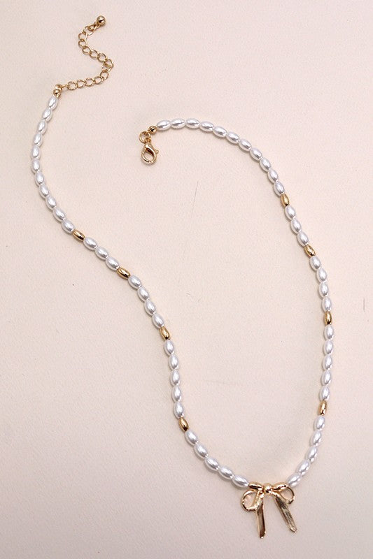 Pearl & Gold Tube Beaded Bow Necklace