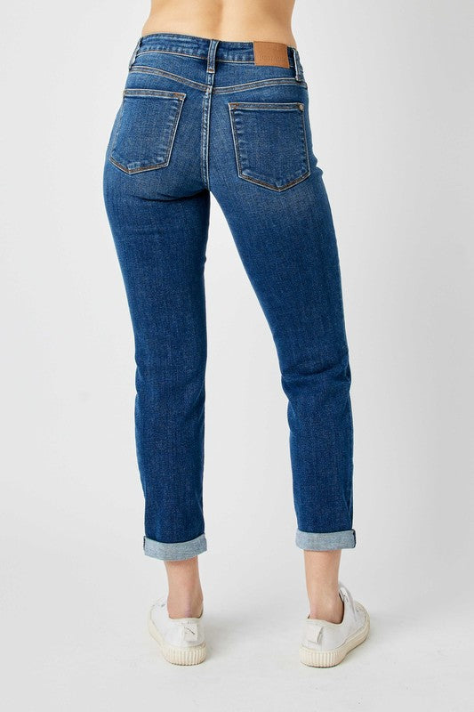 Mid Rise Rolled Destroyed Knee Denim