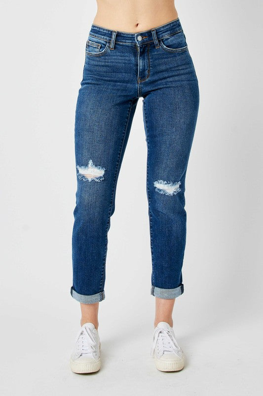 Mid Rise Rolled Destroyed Knee Denim