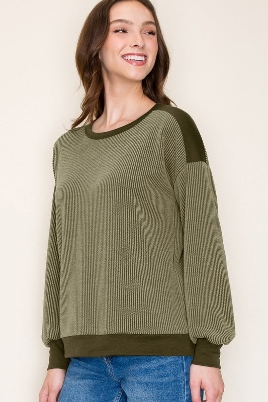 Tonal Ribbed Colorblock Long Sleeve Top