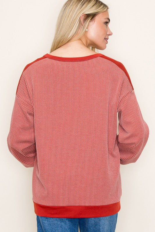 Tonal Ribbed Colorblock Long Sleeve Top