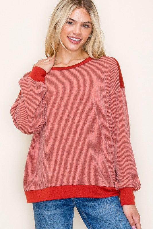 Tonal Ribbed Colorblock Long Sleeve Top