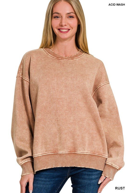 Acid Wash Oversized Fleece Pullover-Rust