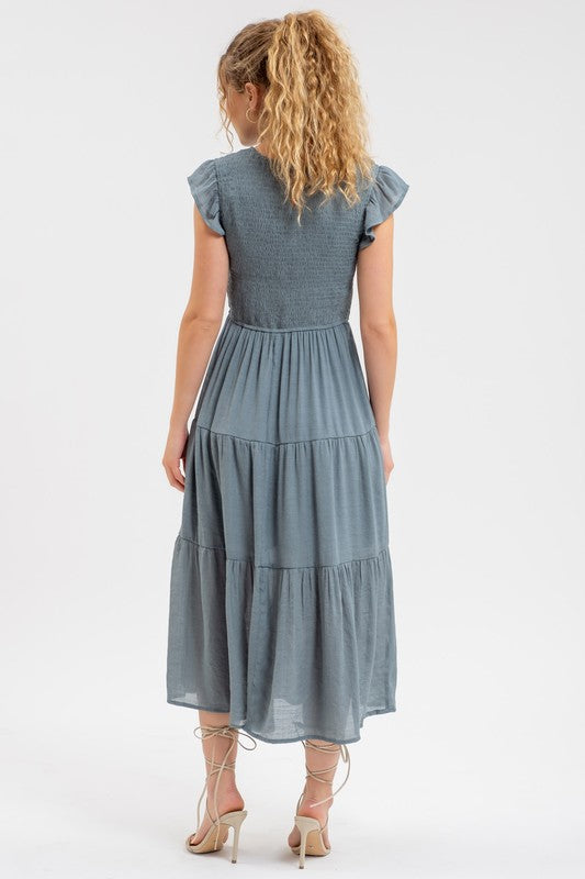 Solid Smocked Tiered Midi Dress