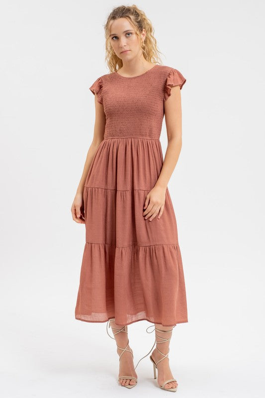 Solid Smocked Tiered Midi Dress