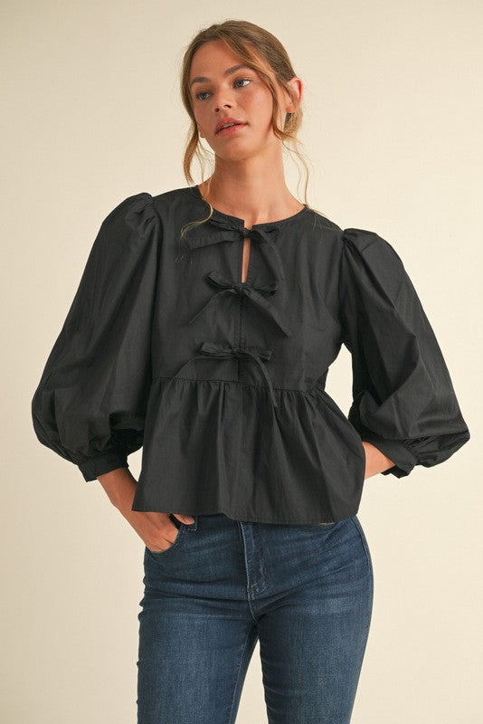 Solid Bow Tie Peplum 3/4 Sleeve Top