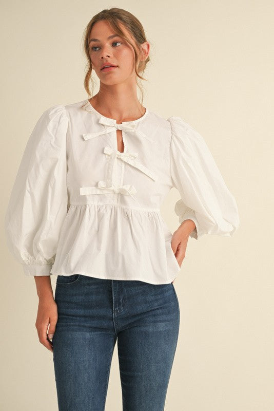 Solid Bow Tie Peplum 3/4 Sleeve Top