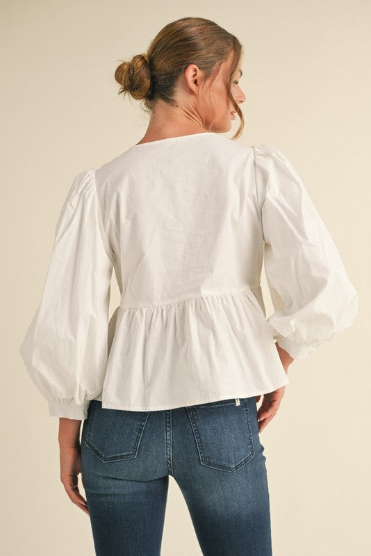 Solid Bow Tie Peplum 3/4 Sleeve Top