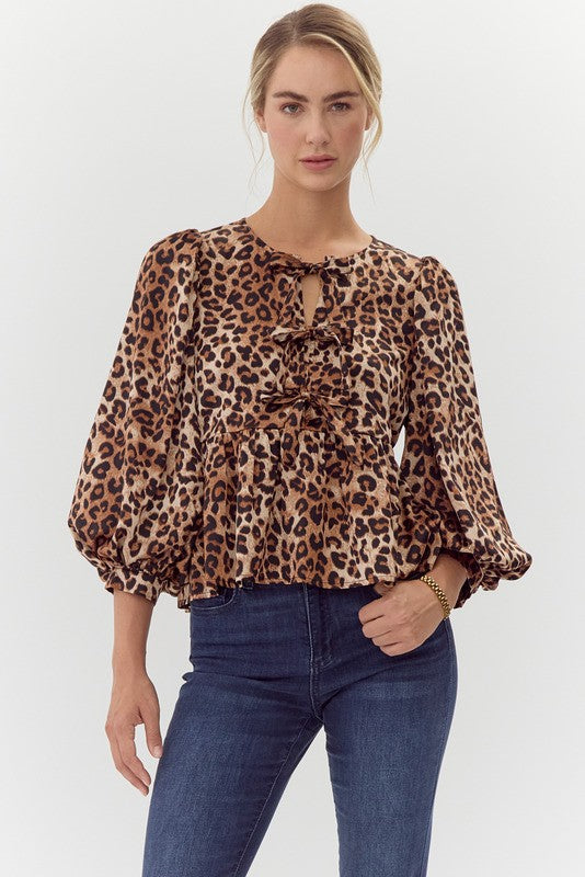 Leopard Triple Tie Bow 3/4 Sleeve Balloon Sleeve Top