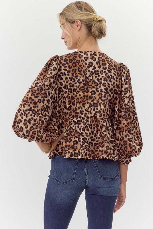 Leopard Triple Tie Bow 3/4 Sleeve Balloon Sleeve Top