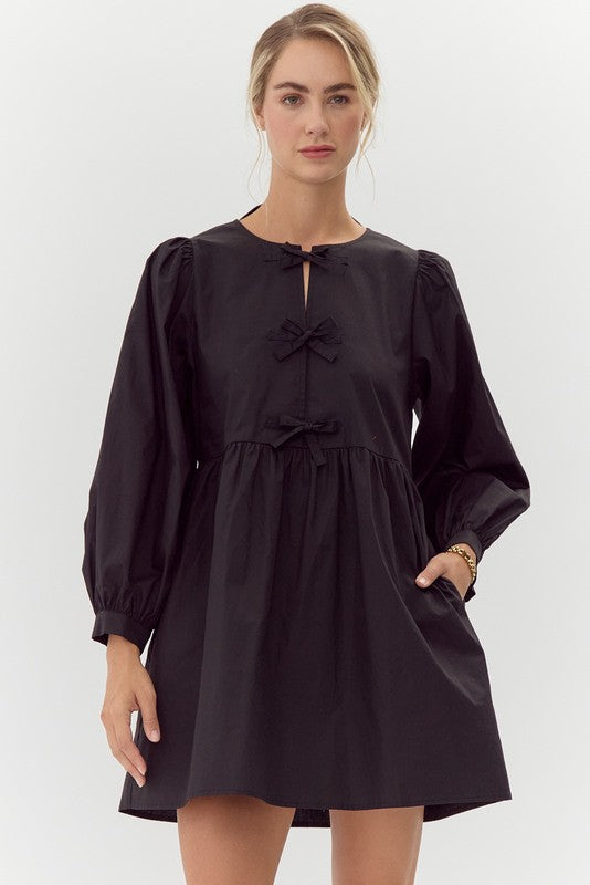 Solid Bow Ties Peasant Long Sleeve Dress-Black