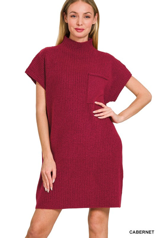 Solid Ribbed Mock Neck Pocket Dress