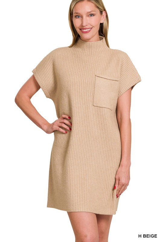 Solid Ribbed Mock Neck Pocket Dress