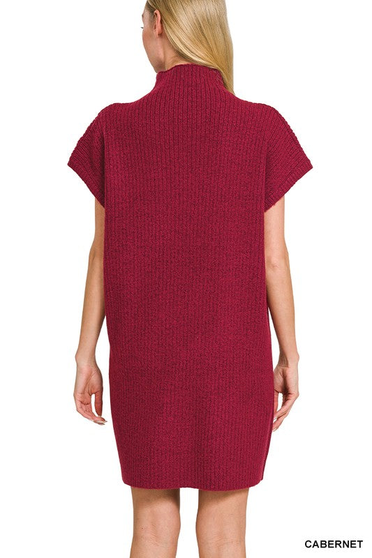 Solid Ribbed Mock Neck Pocket Dress