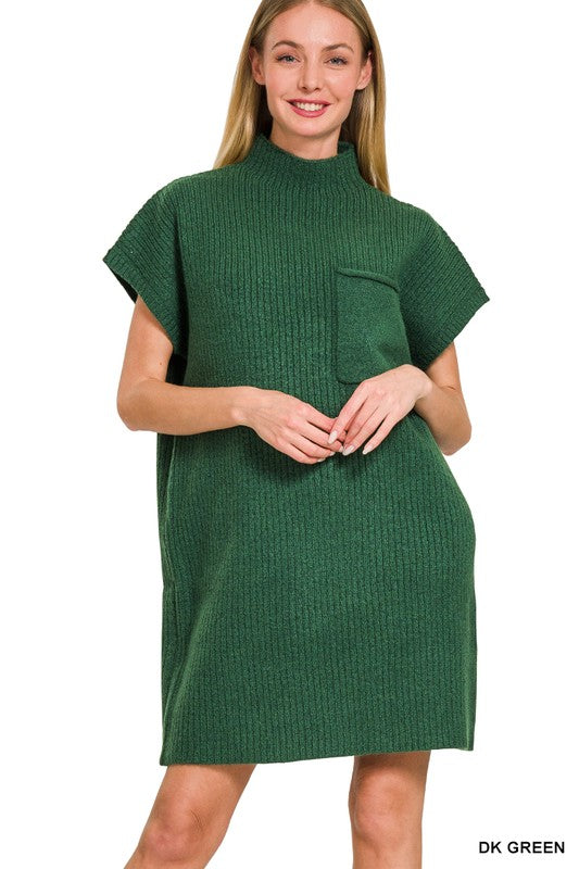 Solid Ribbed Mock Neck Pocket Dress