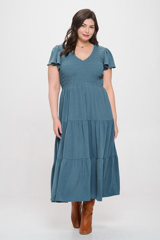 Solid Smocked V-Neck Tiered Midi Dress