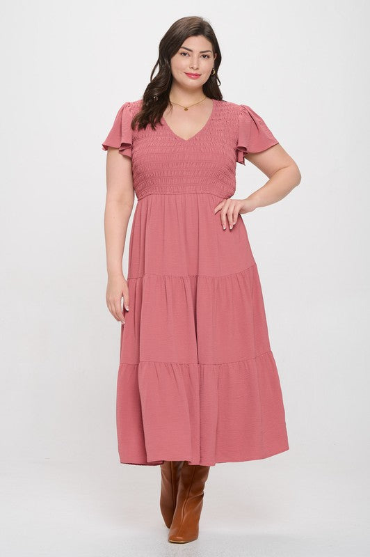 Solid Smocked V-Neck Tiered Midi Dress