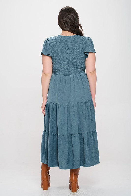 Solid Smocked V-Neck Tiered Midi Dress