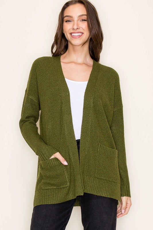 Solid Open Front Waffle Cardigan