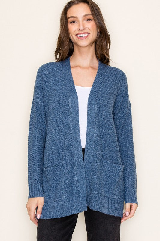 Solid Open Front Waffle Cardigan