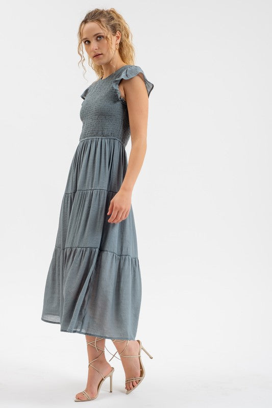 Solid Smocked Tiered Midi Dress