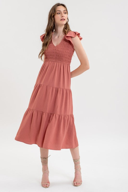 Solid Smocked V-Neck Tiered Midi Dress