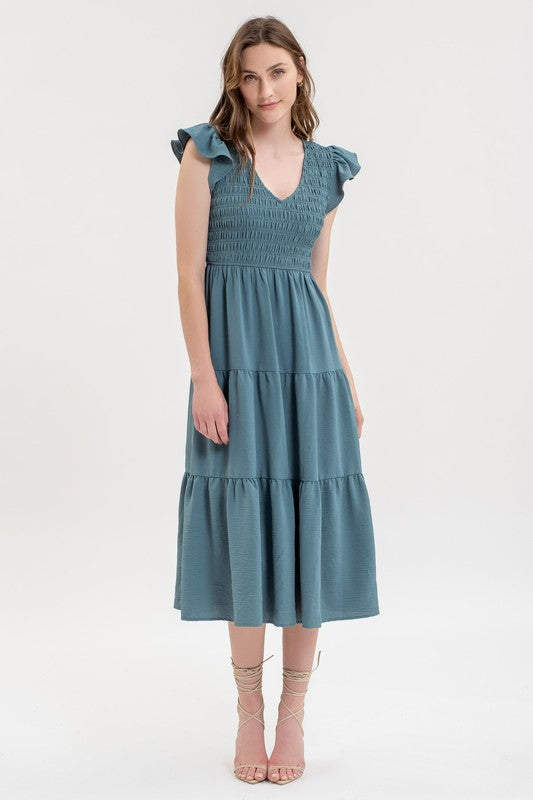 Solid Smocked V-Neck Tiered Midi Dress