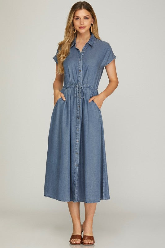 Chambray Button Down Dress W/ Tie Waist