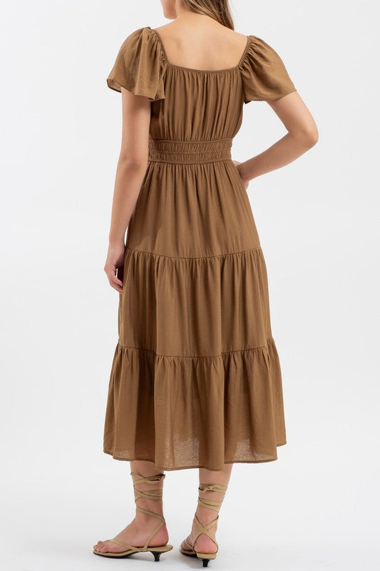 Solid Flutter Sleeve Ruched Waist Tiered Midi Dress-Brown