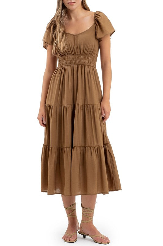 Solid Flutter Sleeve Ruched Waist Tiered Midi Dress-Brown