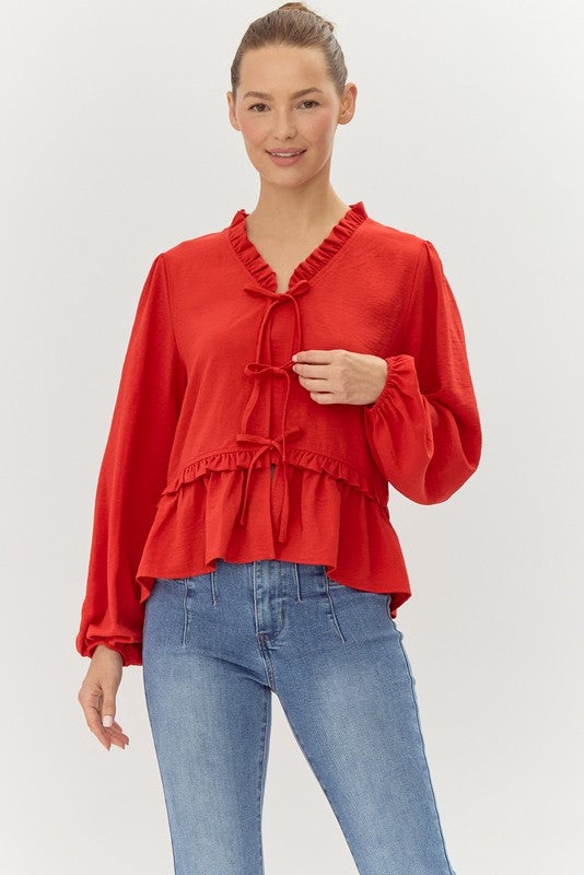 Solid Bow Ties Peplum Ruffle Neck Long Sleeve Top