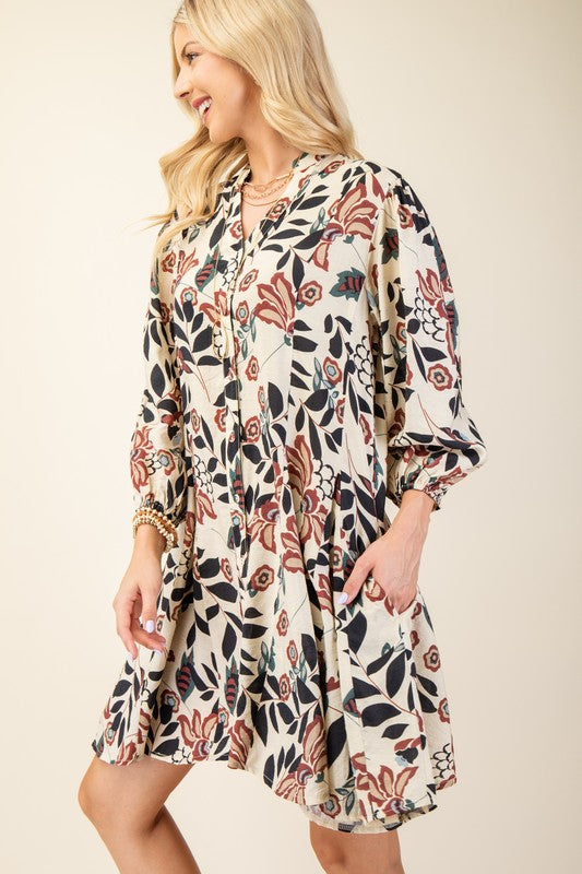 Floral Button Up 3/4 Sleeve Flare Hem Dress-Off White
