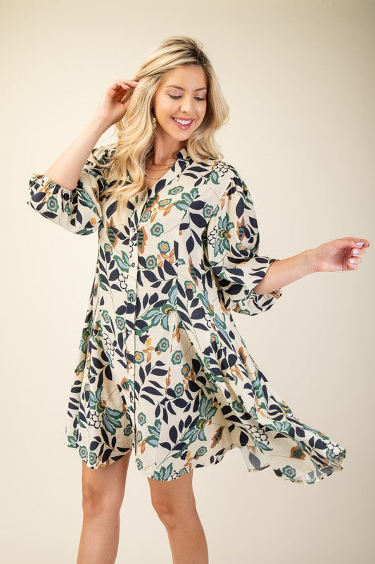 Floral Button up 3/4 Sleeve Flare Hem Dress-Navy