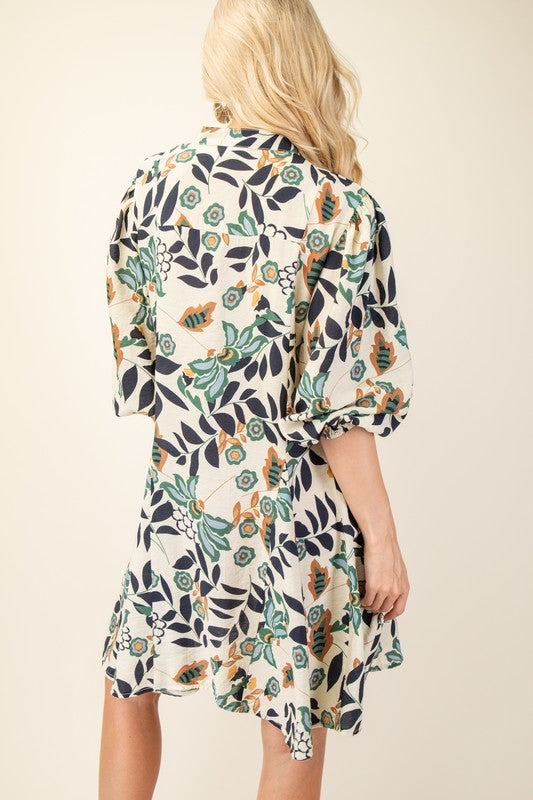 Floral Button up 3/4 Sleeve Flare Hem Dress-Navy