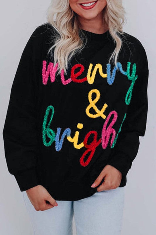 Merry & Bright Colorful Tinsel Script Sweater-Black