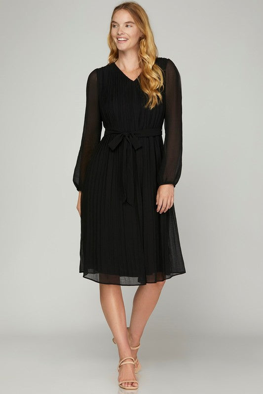 Long Sleeve Pleated Midi Dress W/ Tie Belt - Black