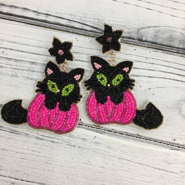 Black Cat & Pumpkin Beaded Earring