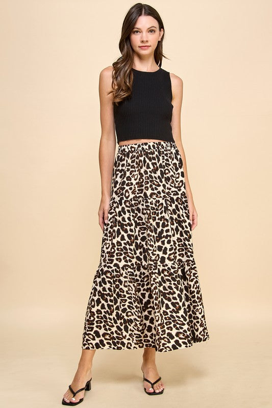 Animal Print Tiered Maxi Skirt