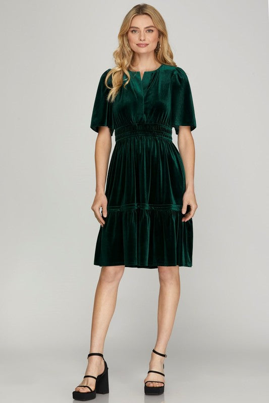 Velvet Bell Sleeve Pintucked Dress - Sea Green