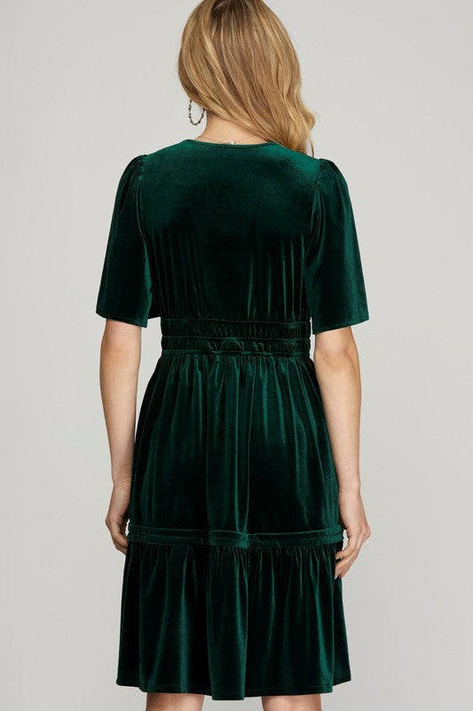 Velvet Bell Sleeve Pintucked Dress - Sea Green